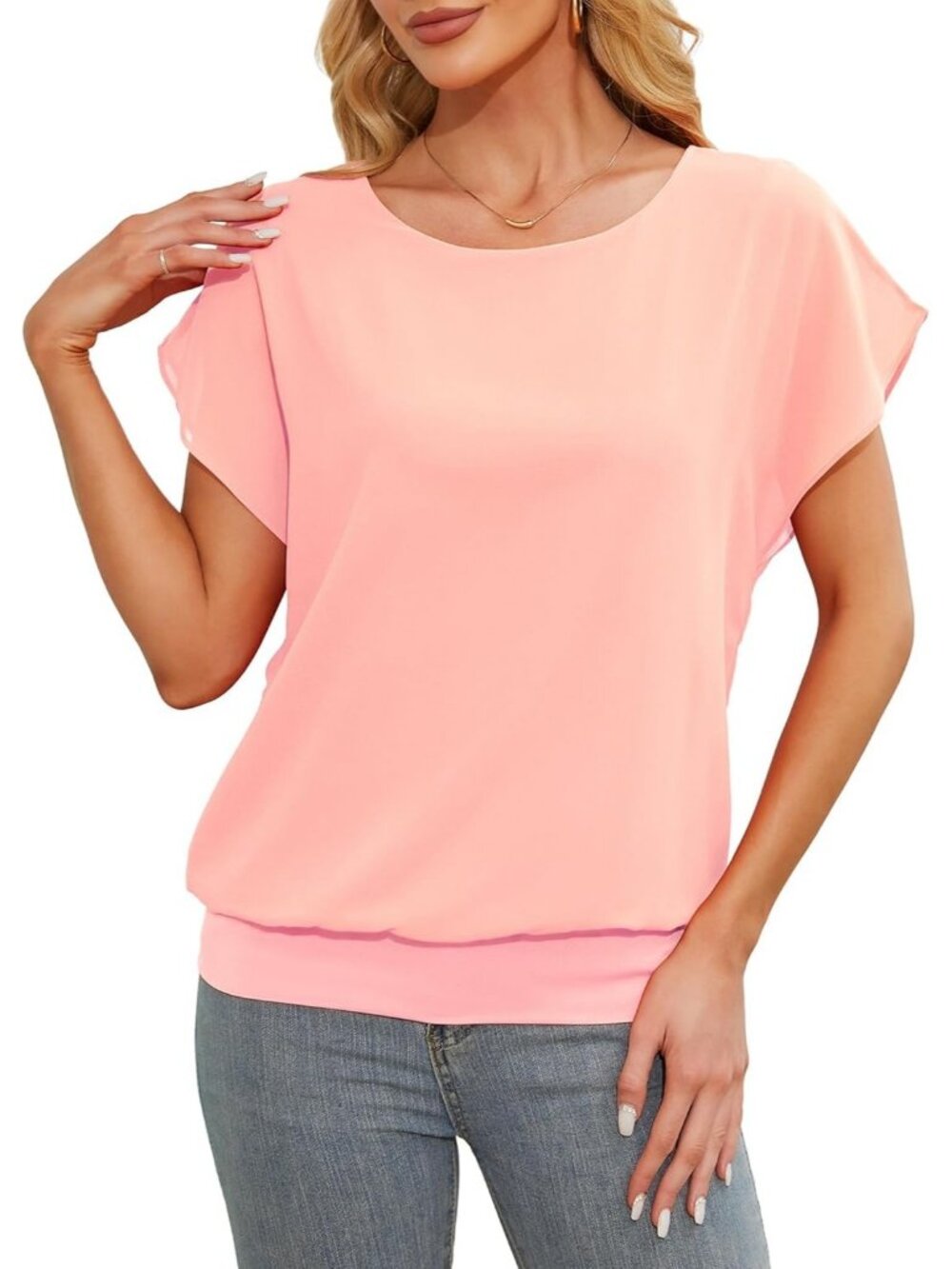 Women's Pink Comfortable Flutter Short Sleeves Chiffon Blouse Casual Dressy Top